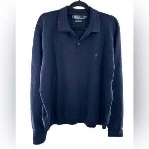 Polo Ralph Lauren Vintage Navy Blue Lambswool Pullover Collared Sweater XL